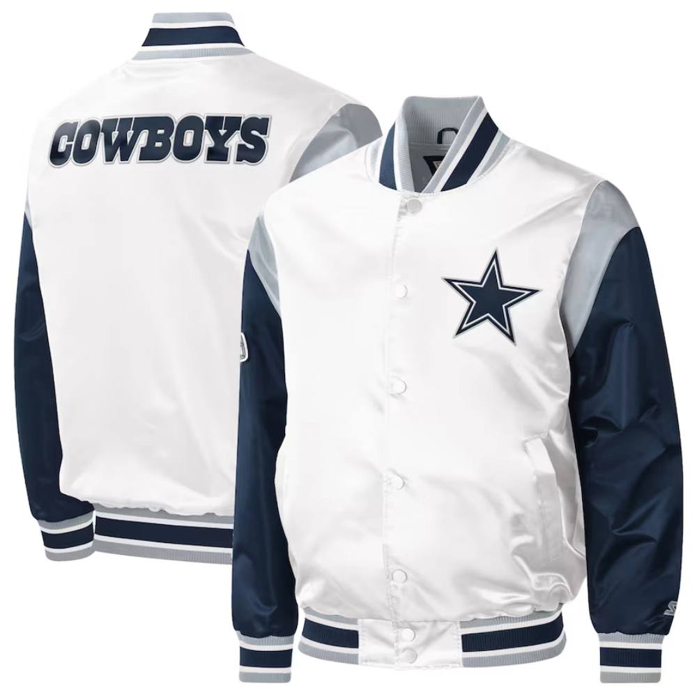 Dallas Cowboys Pitch Full-Snap Satin White/Navy Varsity Jacket - Image 3
