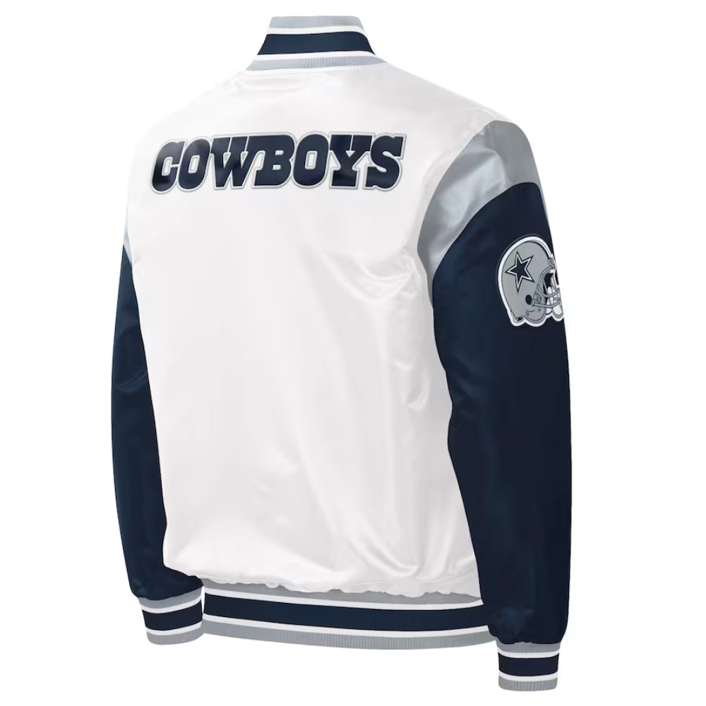 Dallas Cowboys Pitch Full-Snap Satin White/Navy Varsity Jacket - Image 2