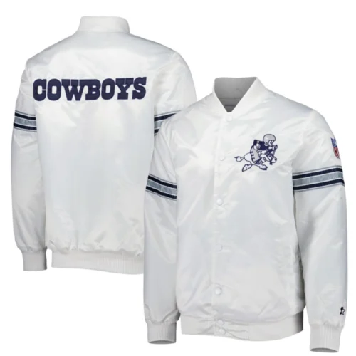 Dallas Cowboys Power Forward Full-Snap Satin White Varsity Jacket - Image 3
