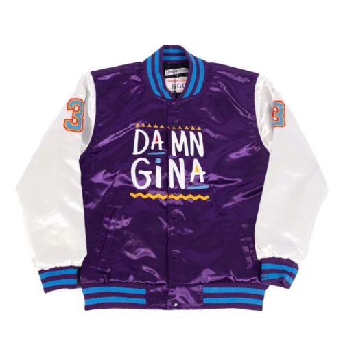 Damn Gina Martin Full-Snap Satin Varsity Jacket - Purple/White