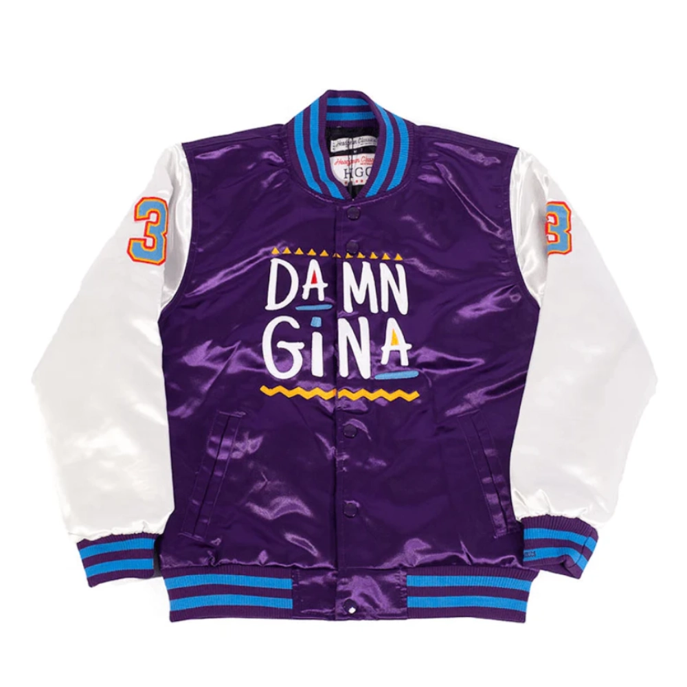 Damn Gina Martin Full-Snap Satin Varsity Jacket - Purple/White