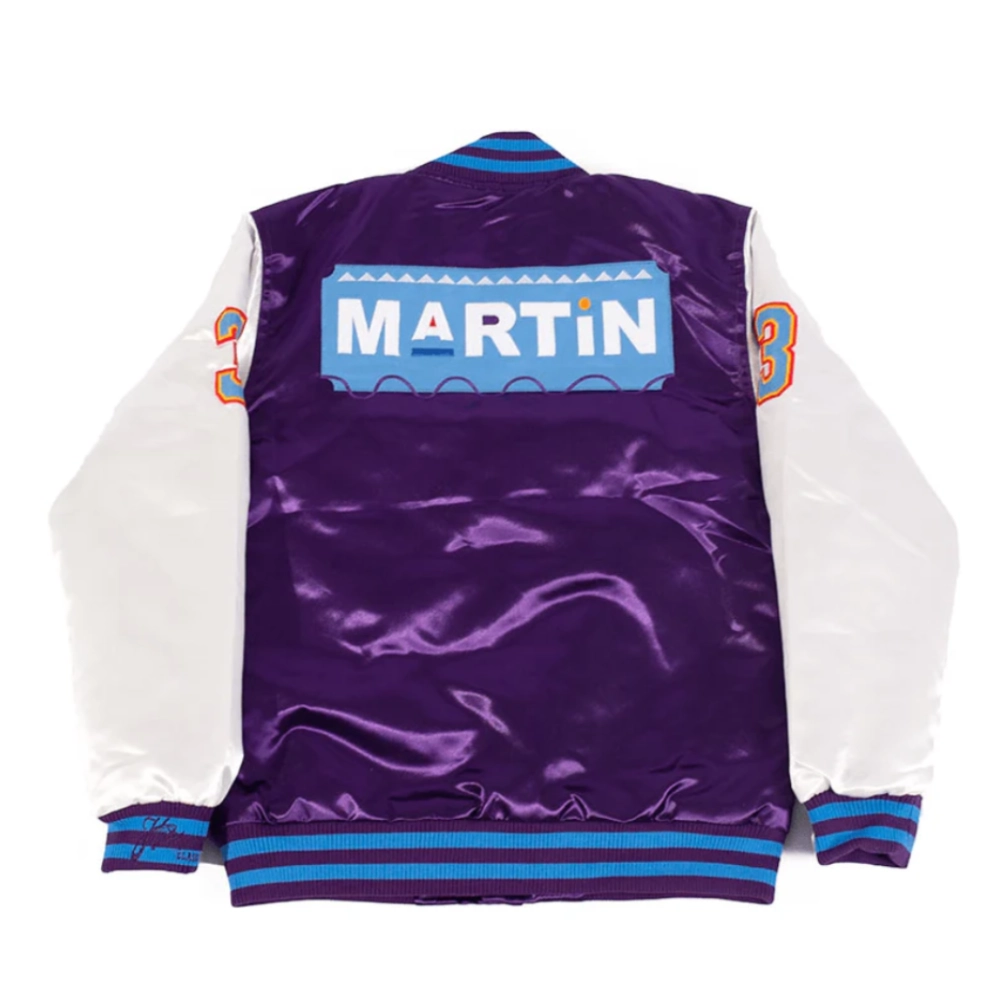 Damn Gina Martin Full-Snap Satin Varsity Jacket - Purple/White - Image 2