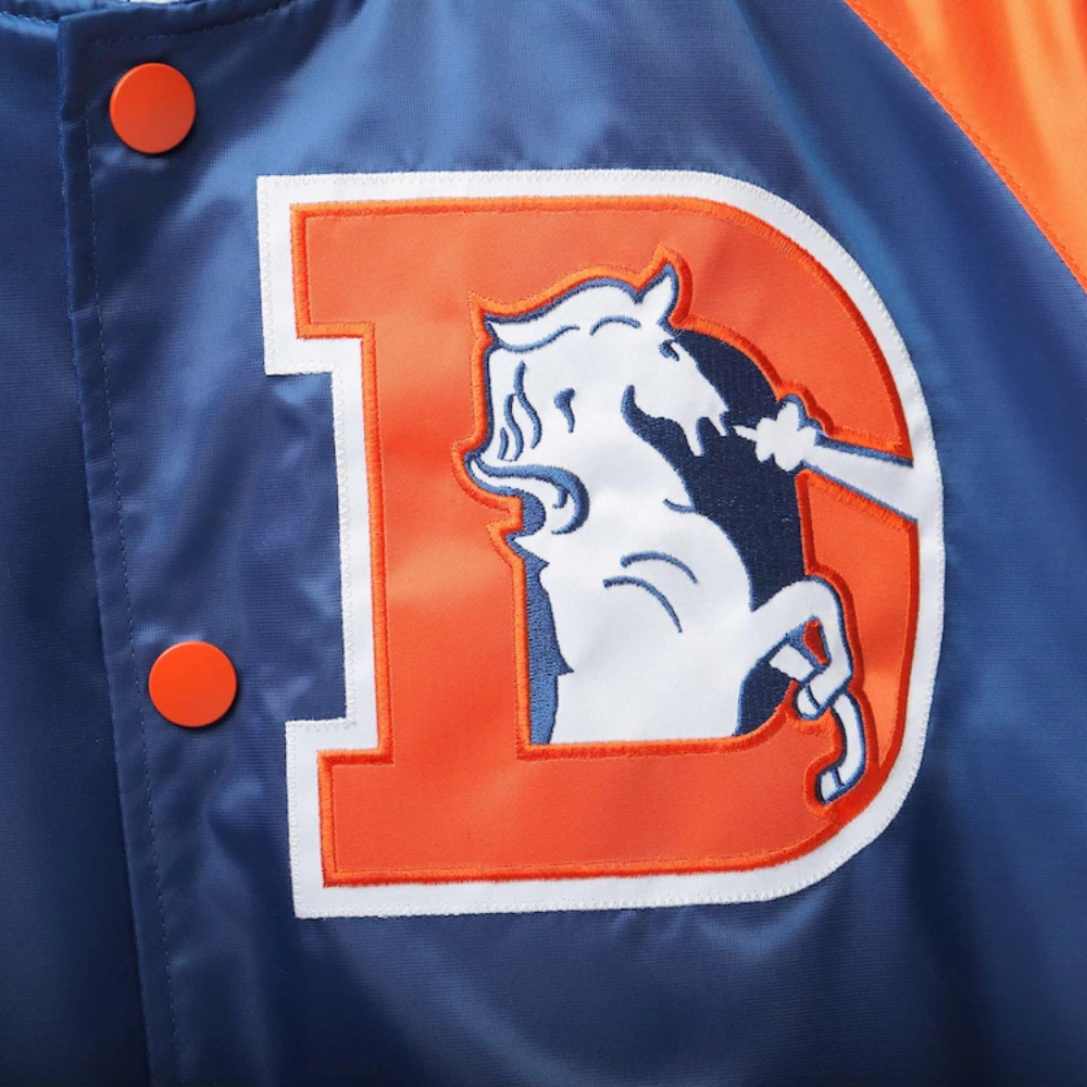 Denver Broncos Lead Off Full-Snap Satin Blue/Orange Varsity Jacket - Image 3