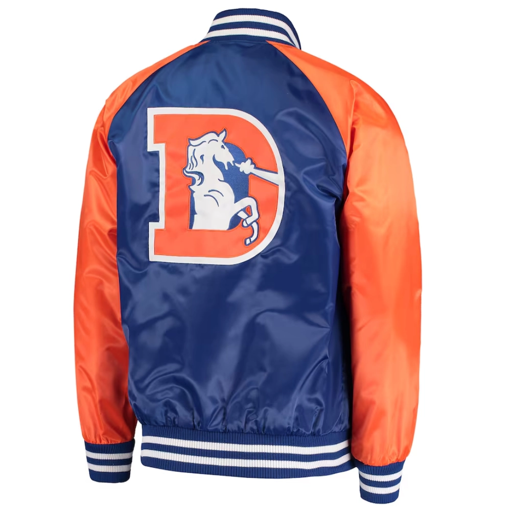 Denver Broncos Lead Off Full-Snap Satin Blue/Orange Varsity Jacket - Image 2