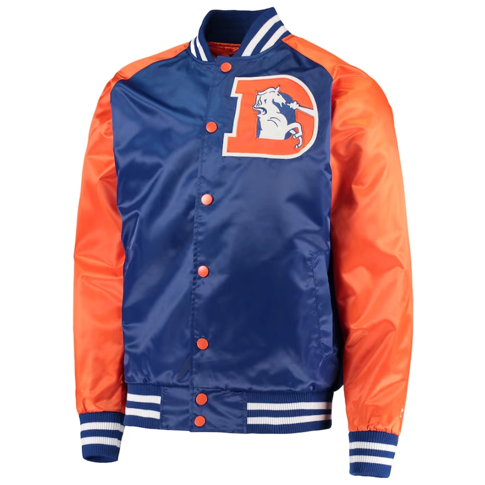 Denver Broncos Lead Off Full-Snap Satin Blue/Orange Varsity Jacket
