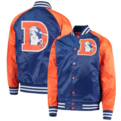 Denver Broncos Lead Off Full-Snap Satin Blue/Orange Varsity Jacket - Image 4