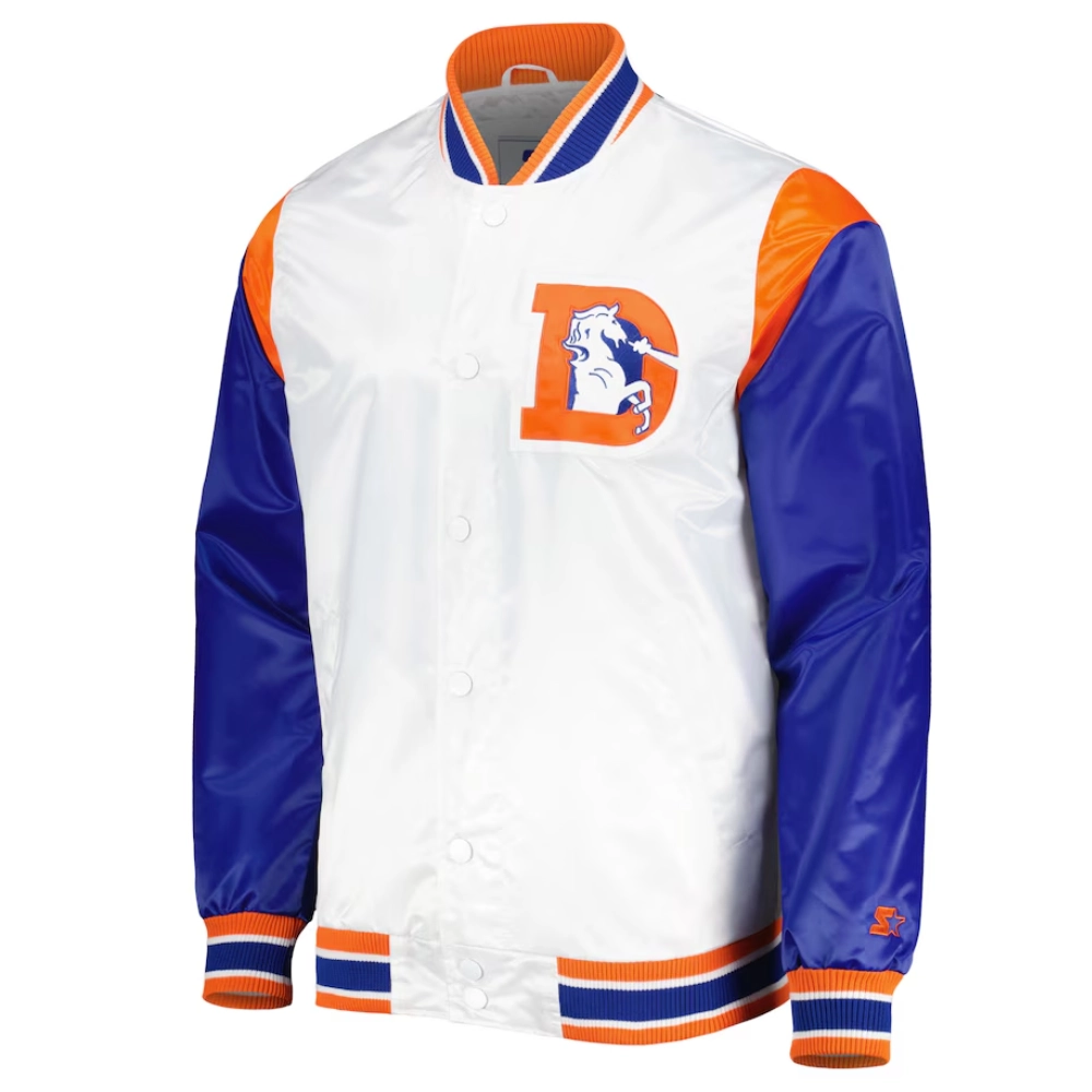 Denver Broncos Pitch Full-Snap Satin White/Blue Varsity Jacket