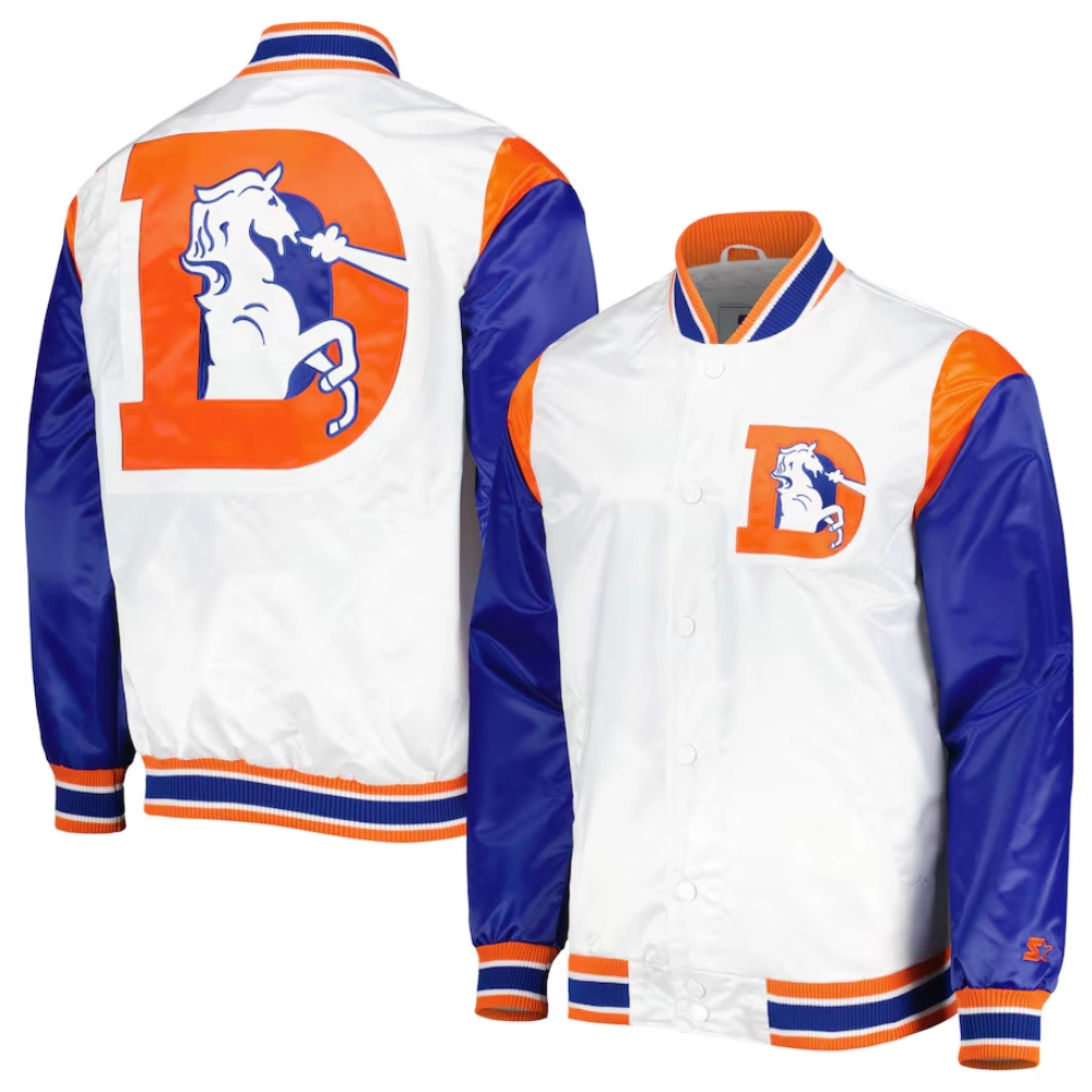 Denver Broncos Pitch Full-Snap Satin White/Blue Varsity Jacket - Image 4