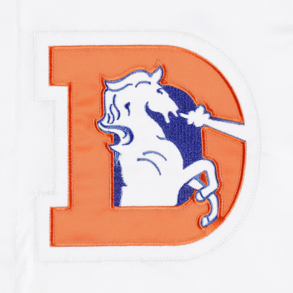 Denver Broncos Pitch Full-Snap Satin White/Blue Varsity Jacket - Image 3