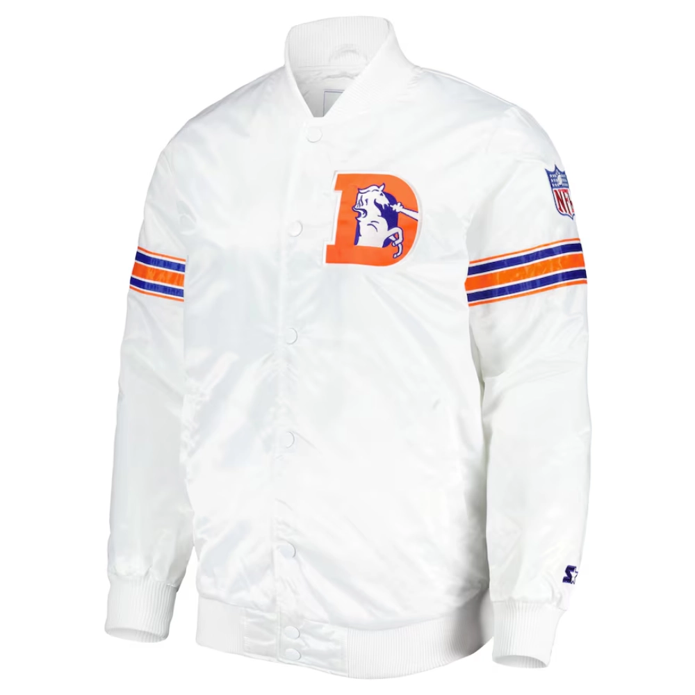 Denver Broncos Power Forward Full-Snap Satin White Varsity Jacket