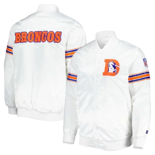 Denver Broncos Power Forward Full-Snap Satin White Varsity Jacket - Image 3