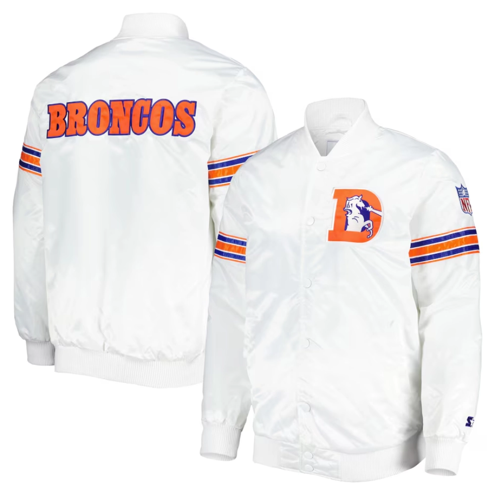 Denver Broncos Power Forward Full-Snap Satin White Varsity Jacket - Image 3