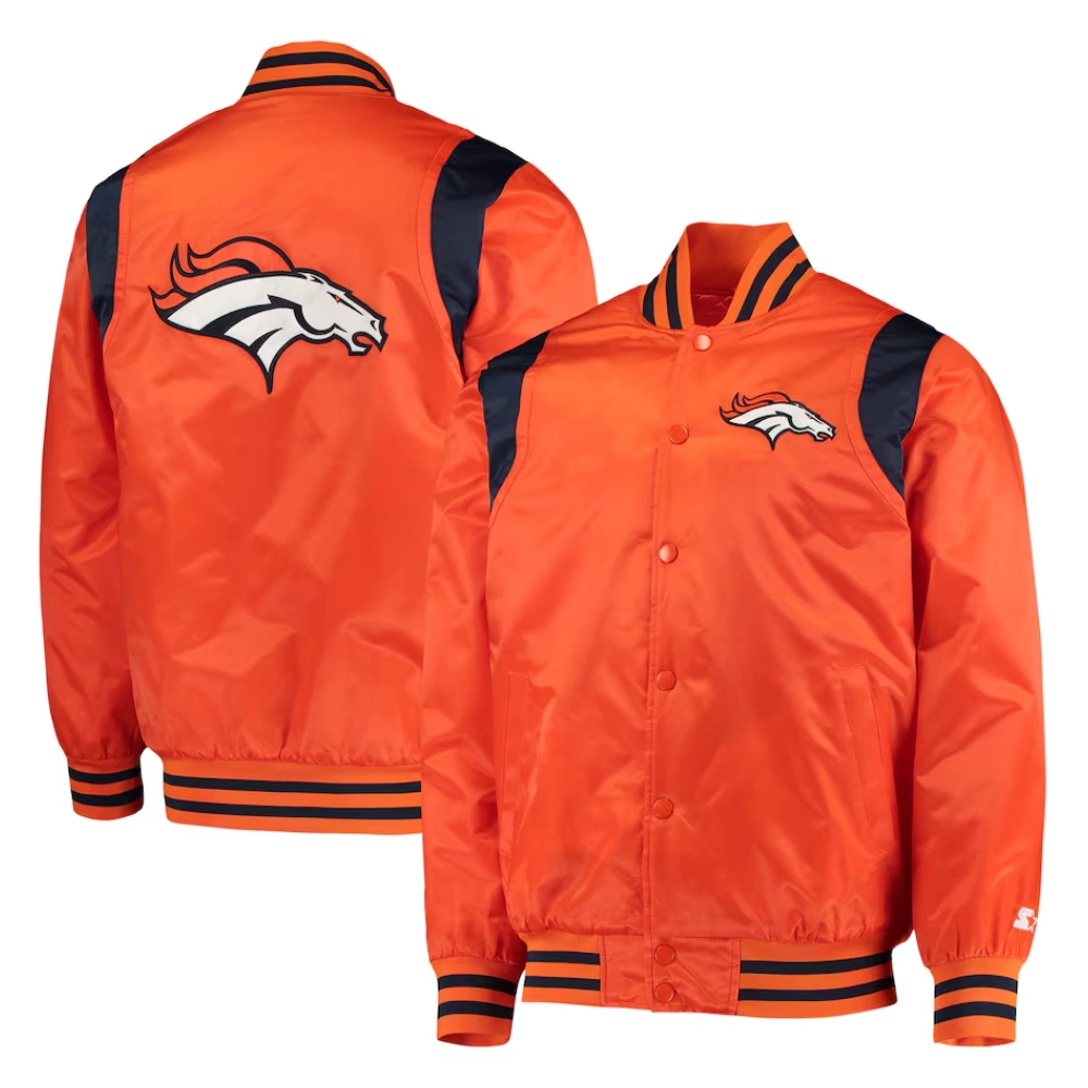 Denver Broncos Prime Time Full-Snap Satin Orange Varsity Jacket - Image 4