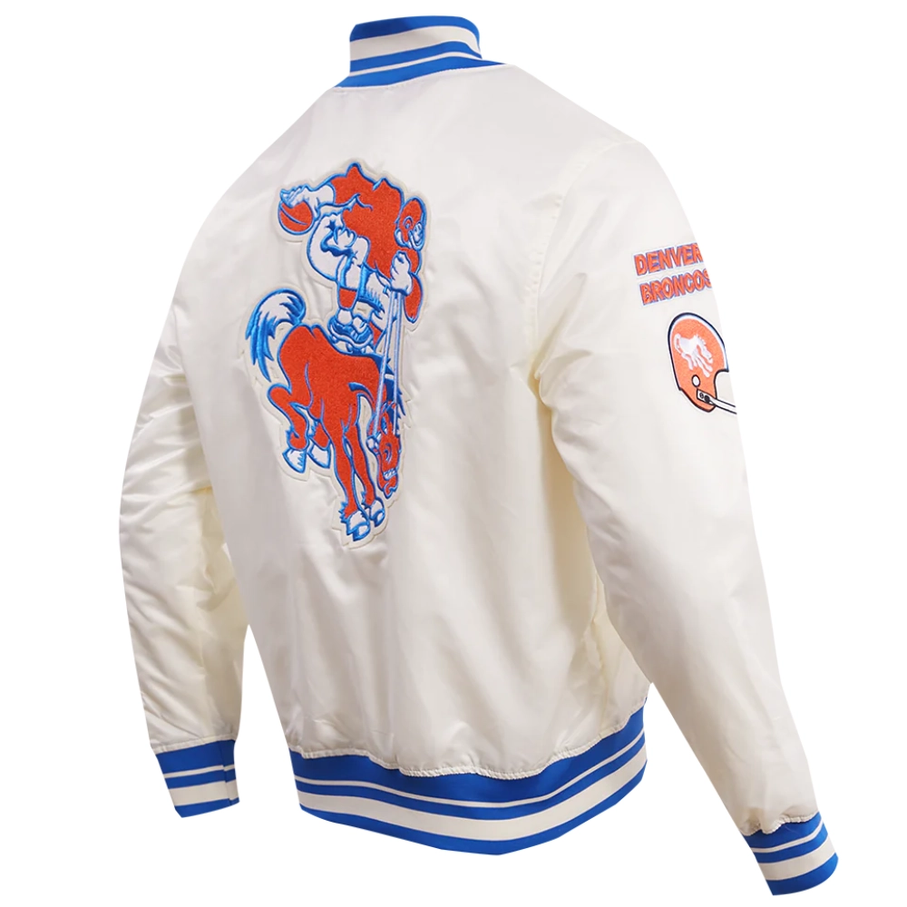 Denver Broncos Retro Classic Full-Snap Satin White Varsity Jacket - Image 3