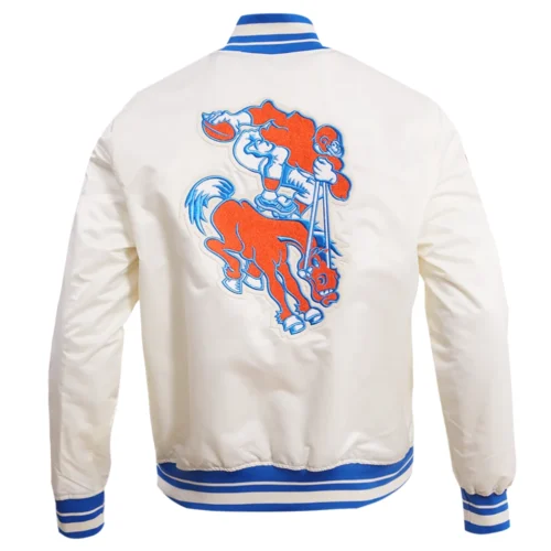 Denver Broncos Retro Classic Full-Snap Satin White Varsity Jacket - Image 4