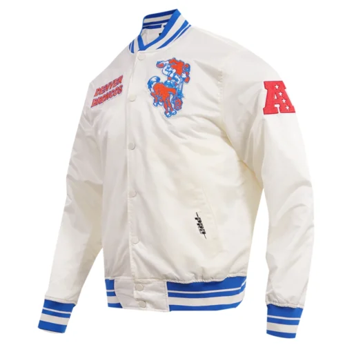 Alternative view of Denver Broncos Retro Classic Full-Snap Satin White Varsity Jacket