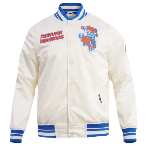 Denver Broncos Retro Classic Full-Snap Satin White Varsity Jacket
