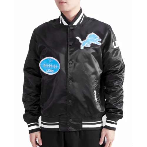 Detroit Lions Old English Men’s Rib Black Satin Jacket