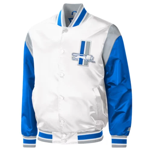 Detroit Lions Pitch Full-Snap White/Blue Satin Varsity Jacket
