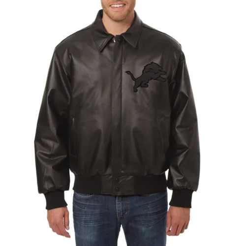 Detroit Lions Shirt Collar Full Leather Black Tonal Jacket