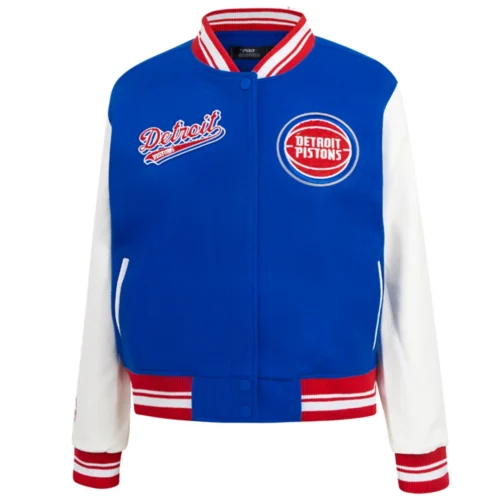 Detroit Pistons Script Tail Women's Blue/White Wool & Leather Varsity Jacket