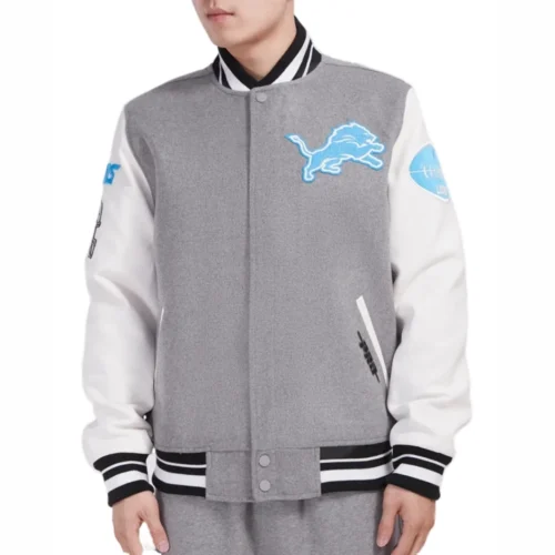 Detroit Lions Old English Rib Wool & Leather Gray/White Varsity Jacket