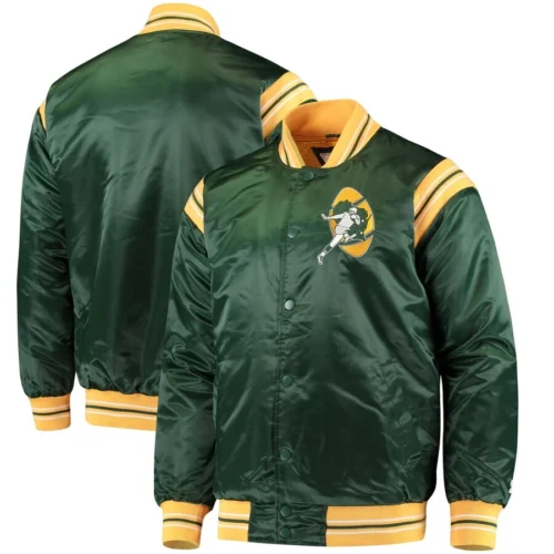 Green Bay Packers The Enforcer Satin green Varsity Jacket - Image 4