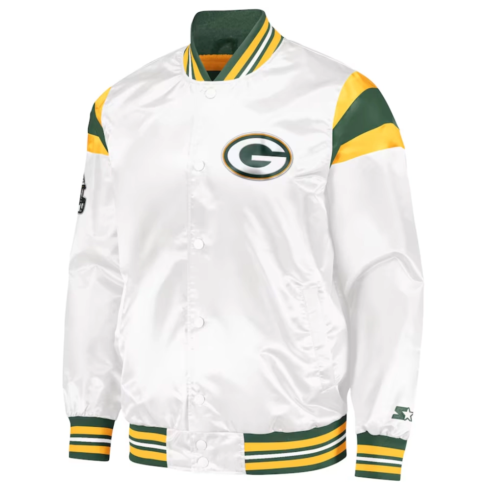 Green Bay Packers Full-Snap Satin White Varsity Jacket
