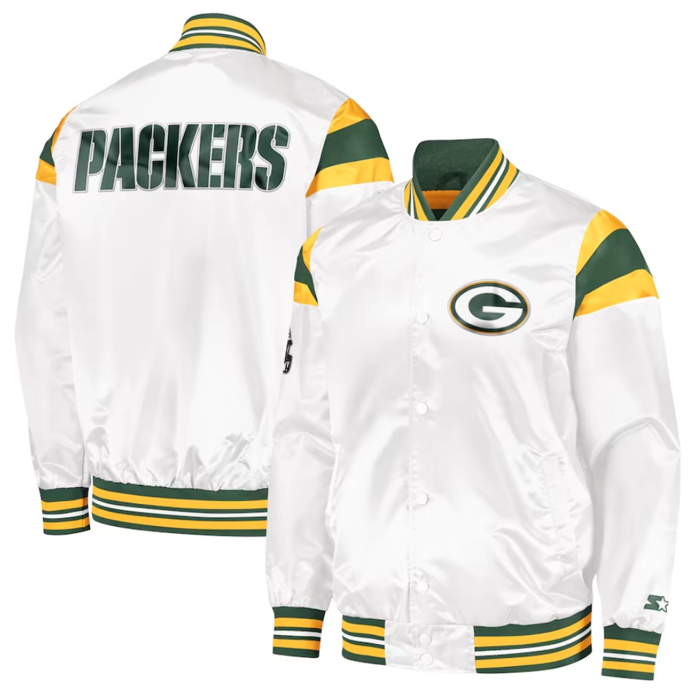 Green Bay Packers Full-Snap Satin White Varsity Jacket - Image 3