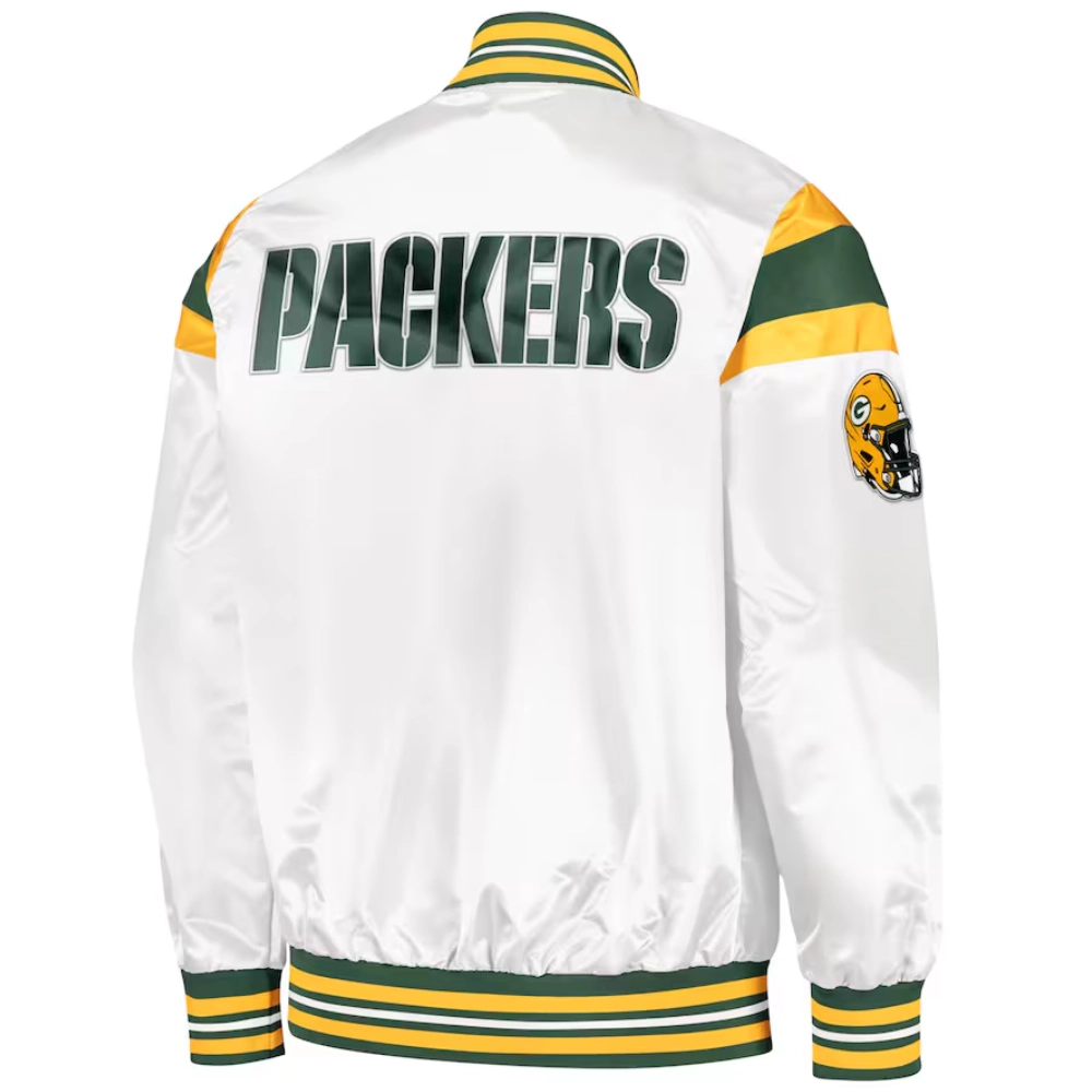 Green Bay Packers Full-Snap Satin White Varsity Jacket - Image 2
