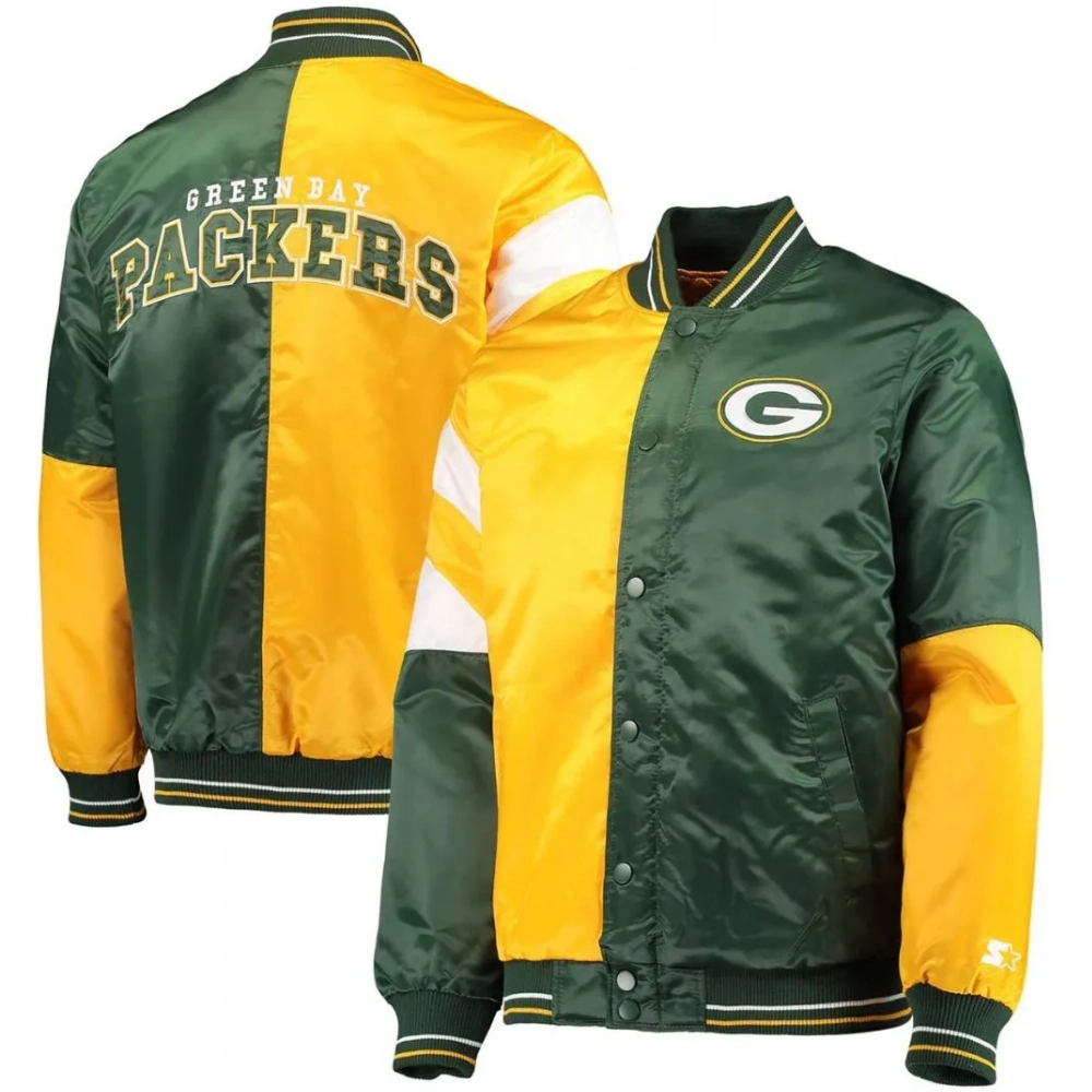Green Bay Packers Leader Satin Yellow/Green Varsity Jacket - Image 4
