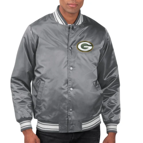 Green Bay Packers Locker Room Satin Gray Varsity Jacket