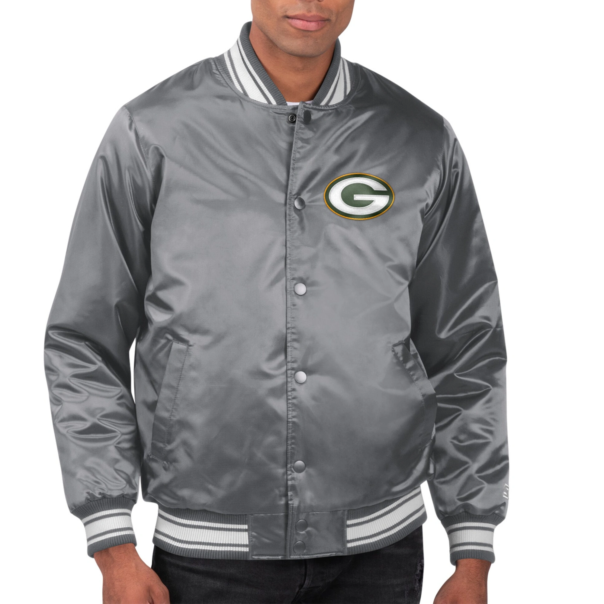 Green Bay Packers Locker Room Satin Gray Varsity Jacket