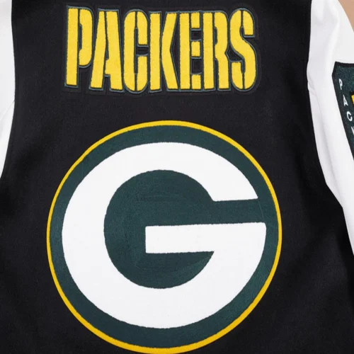 Green Bay Packers Mashup Wool & Leather Black Varsity Jacket - Image 7