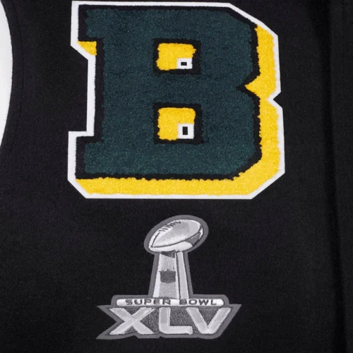 Green Bay Packers Mashup Wool & Leather Black Varsity Jacket - Image 5