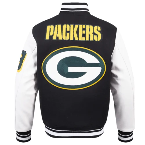 Green Bay Packers Mashup Wool & Leather Black Varsity Jacket - Image 4