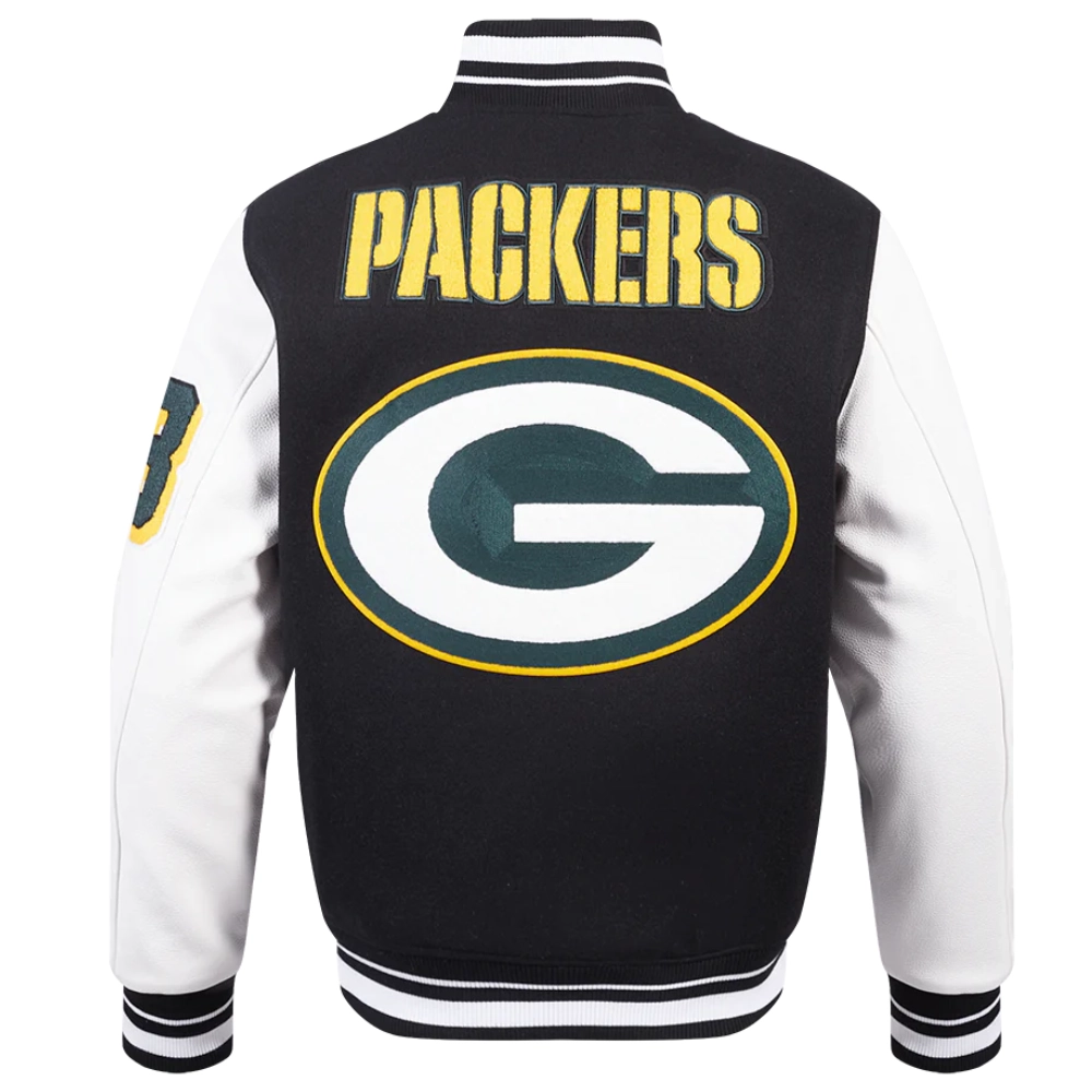 Green Bay Packers Mashup Wool & Leather Black Varsity Jacket - Image 4
