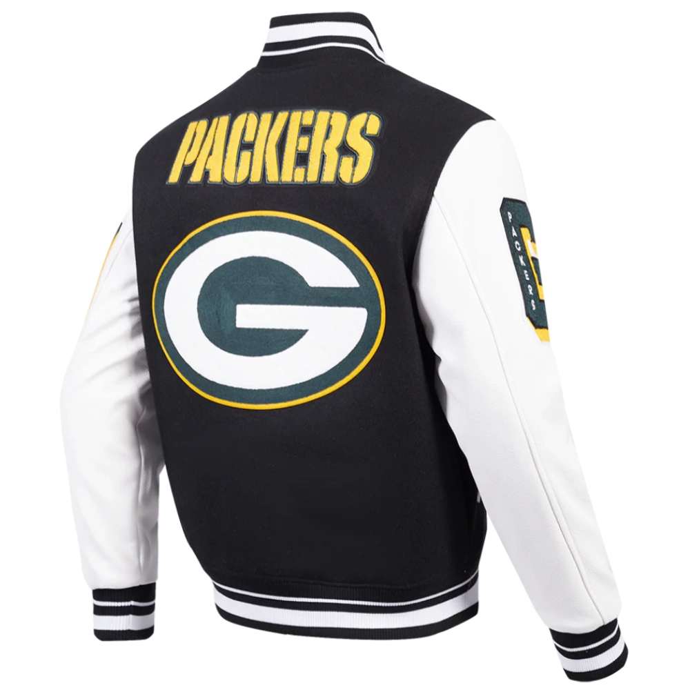 Green Bay Packers Mashup Wool & Leather Black Varsity Jacket - Image 3