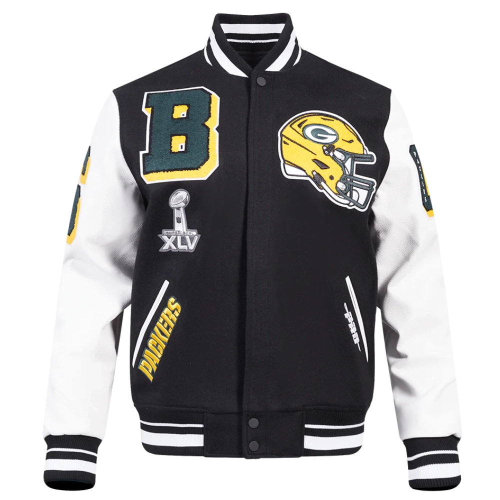 Green Bay Packers Mashup Wool & Leather Black Varsity Jacket