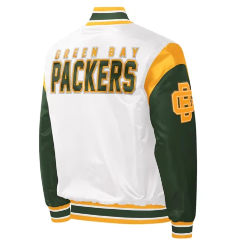 Alternative view of Green Bay Packers Pitch Full-Snap Satin White/Green Varsity Jacket