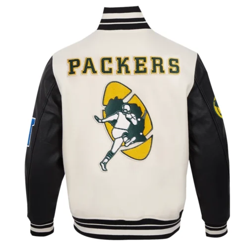 Green Bay Packers Retro Classic Wool & Leather White/Black Varsity Jacket - Image 4