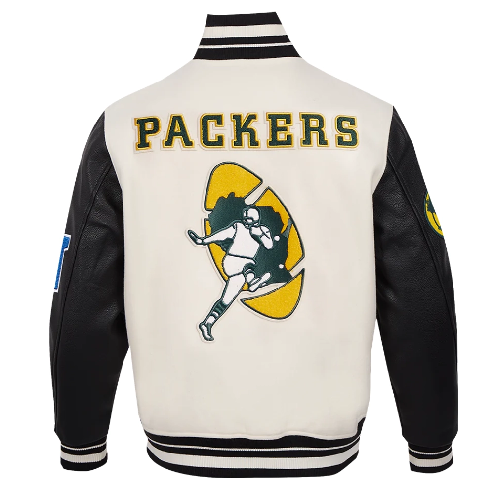 Green Bay Packers Retro Classic Wool & Leather White/Black Varsity Jacket - Image 4