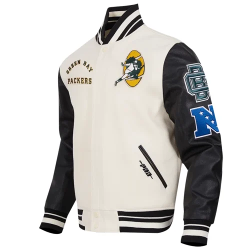 Alternative view of Green Bay Packers Retro Classic Wool & Leather White/Black Varsity Jacket