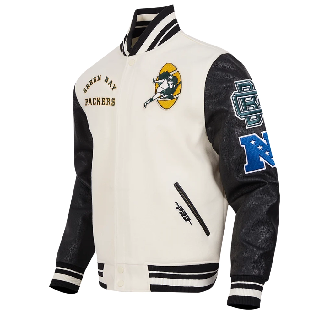 Green Bay Packers Retro Classic Wool & Leather White/Black Varsity Jacket - Image 2