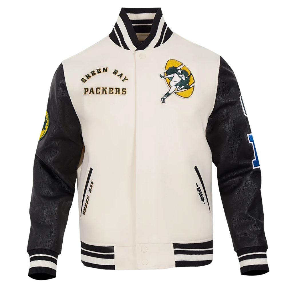 Green Bay Packers Retro Classic Wool & Leather White/Black Varsity Jacket