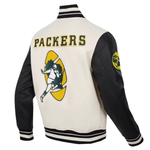 Green Bay Packers Retro Classic Wool & Leather White/Black Varsity Jacket - Image 3