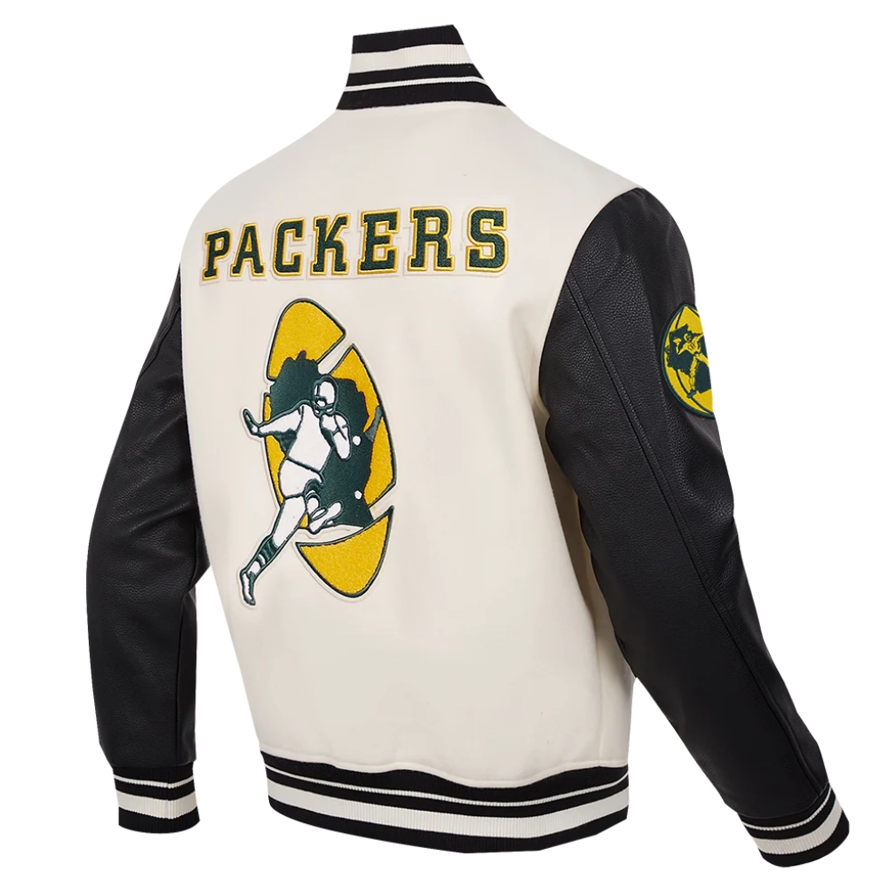 Green Bay Packers Retro Classic Wool & Leather White/Black Varsity Jacket - Image 3