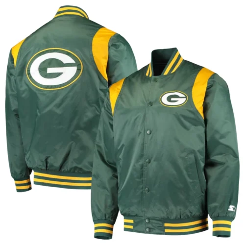 Green Bay Packers Prime Time Satin Green Varsity Jacket - Image 4