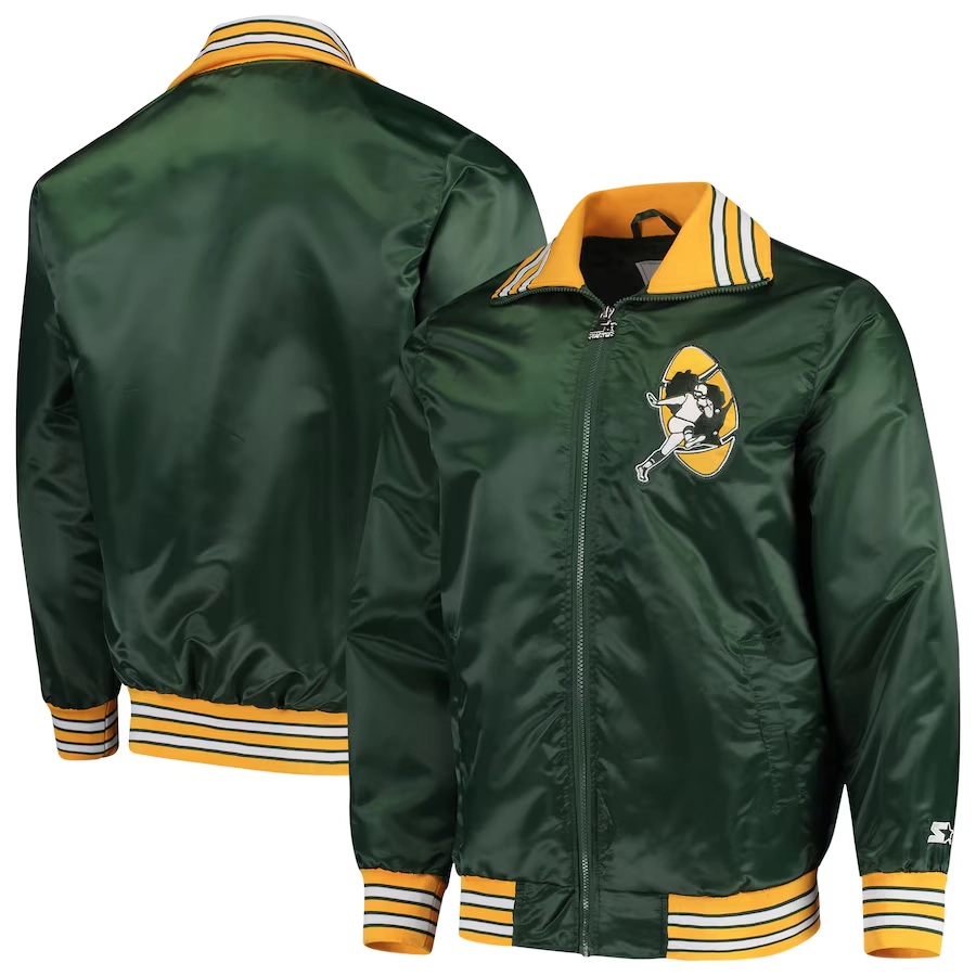 Green Bay Packers The Captain Satin Green Varsity Jacket - Image 4