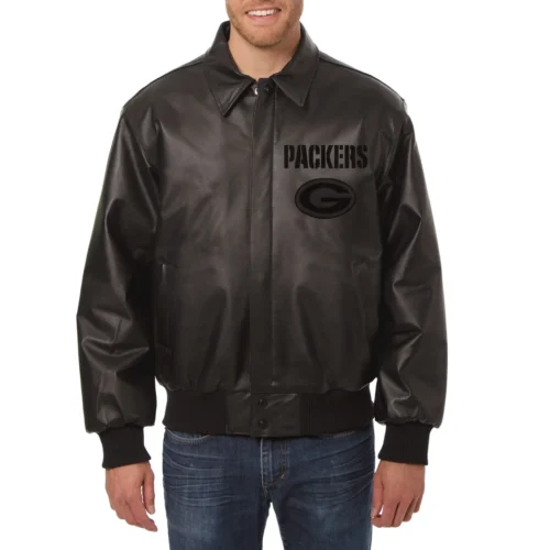 Green Bay Packers Shirt Collar Full Leather Black Tonal Jacket